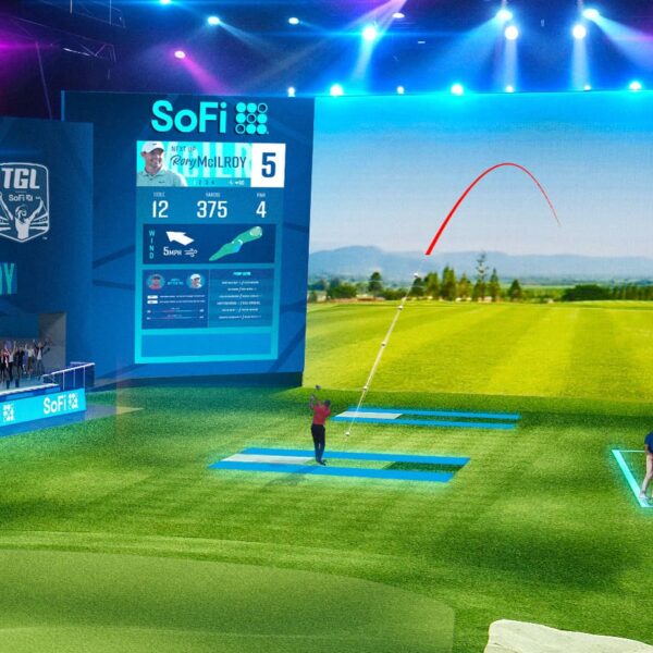 Visualization of a golfer teeing off at an indoor event