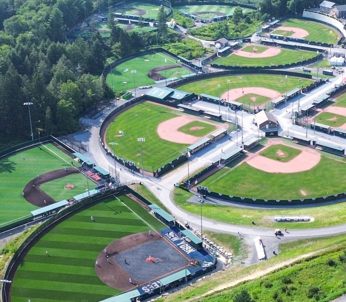 A complex of multiple baseball diamonds from above