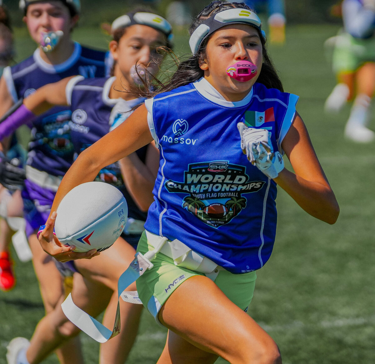 a competitive girls' flag football player